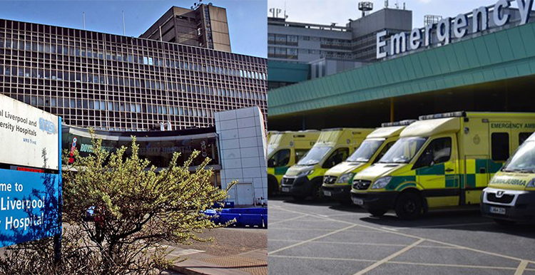 Split image showing The Royal Liverpool Hospital on the left and Aintree Hospital on the right