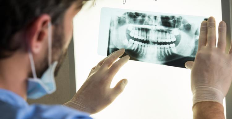 Dentist looking at dental x ray