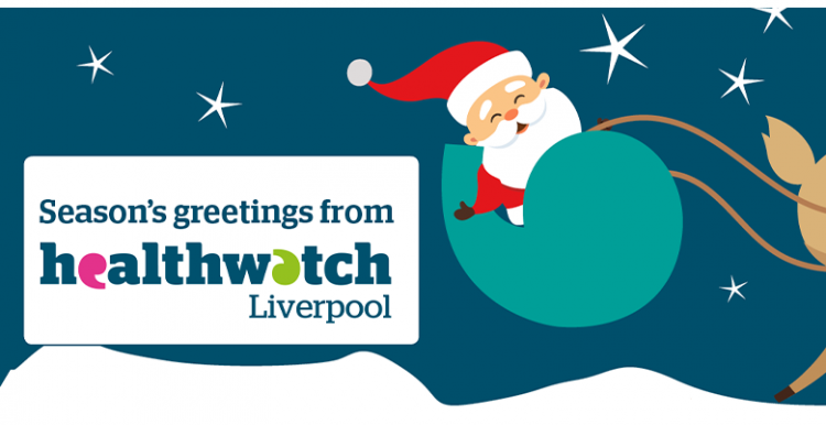 Season's greetings from Healthwatch Liverpool - santa riding a sleigh shaped like an inverted comma