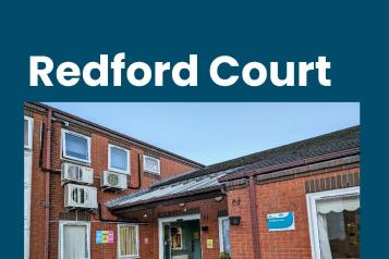 Front cover of Redford Court Enter and View Report - Navy blue with photo of entrance of Redford Court