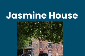 Front page of Jasmine House Enter and view report. Dark blue with photo of Jasmine House in the centre partly obscured by trees.