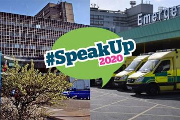 Image of Aintree and Royal Liverpool A&E department exteriors with #SpeakUp2020 logo