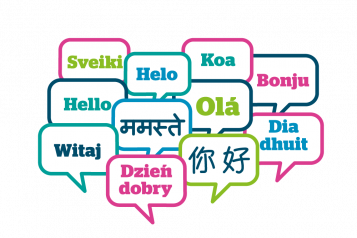 a collection of speech bubbles, saying 'hello' in multiple languages