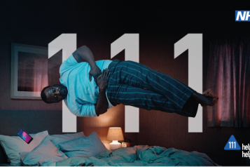 Image of man floating above bed taken from NHS 111 tv advert and text 'NHS 111 Help us Help you'