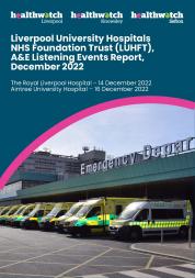 front page of report features ambulances outside Aintree Hospital Emergency Department